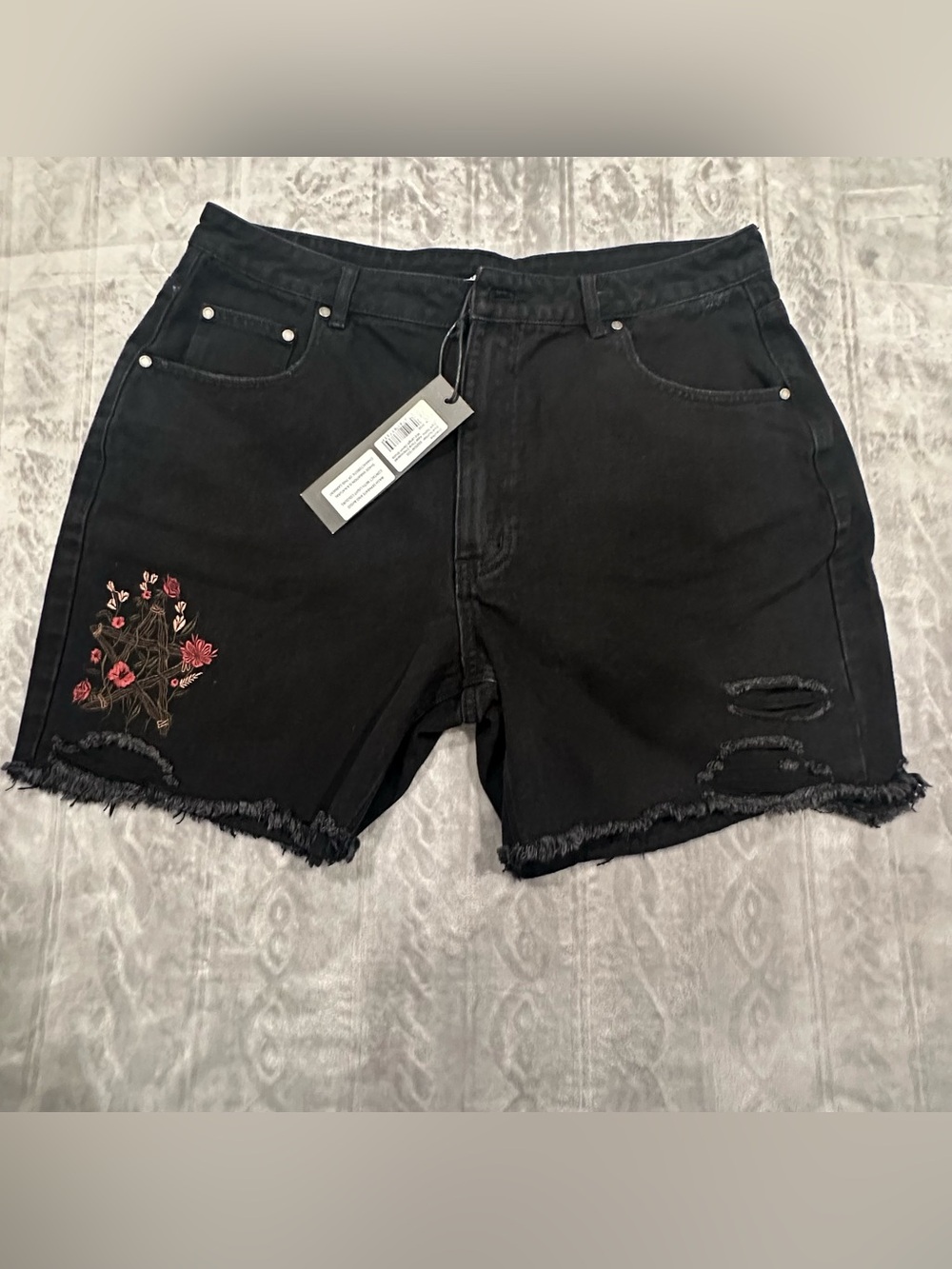 New with Tags Disturbia Black Denim Shorts with Red Floral Embroidery